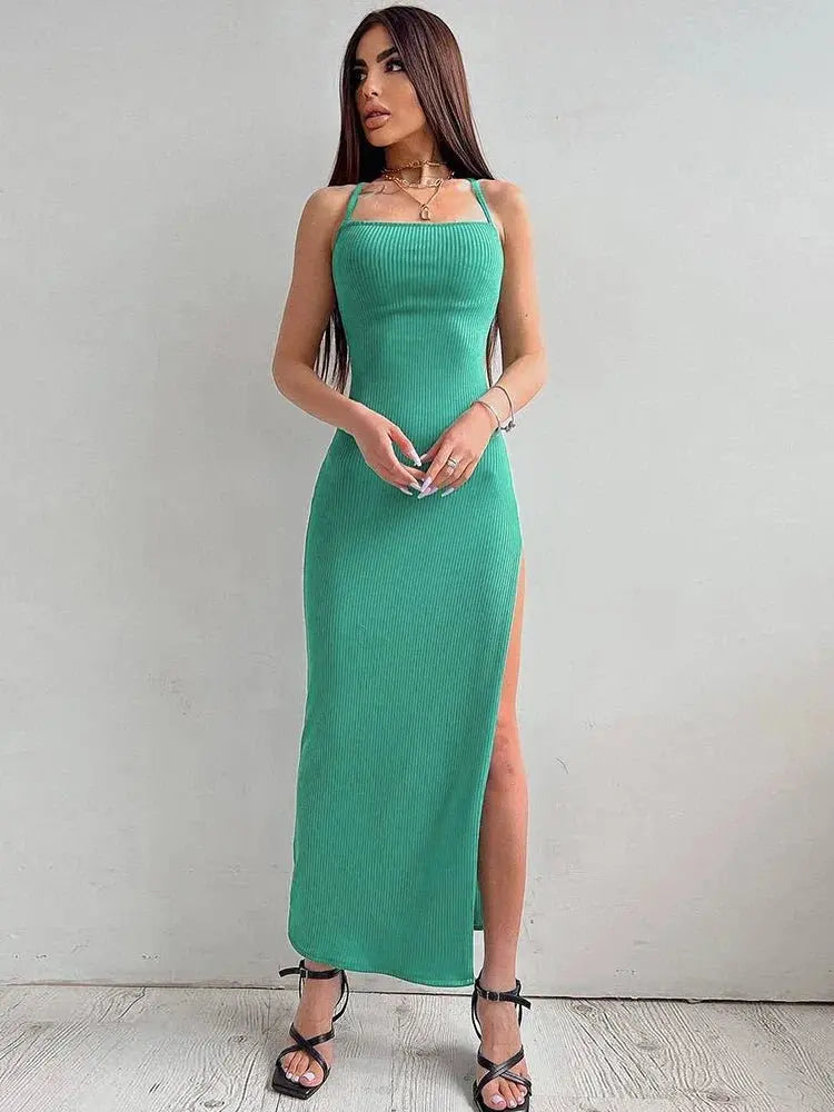 Backless Bandage Slit Dress Knitted Fabric Solid Color Strap Long Dress - Blade & Thread
