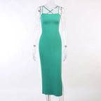 Backless Bandage Slit Dress Knitted Fabric Solid Color Strap Long Dress nowadaysfashion
