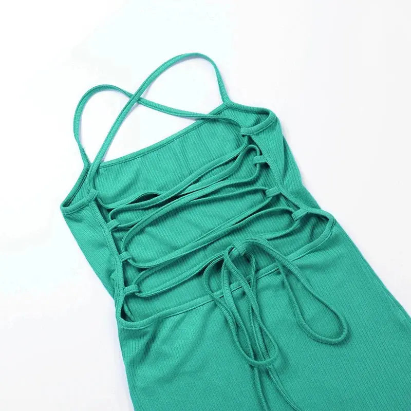 Backless Bandage Slit Dress Knitted Fabric Solid Color Strap Long Dress - Blade & Thread