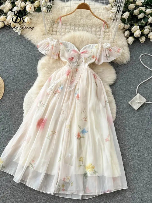 Backless Bow Sweet Print Off the Shoulder Sexy Strap Dress nowadaysfashion