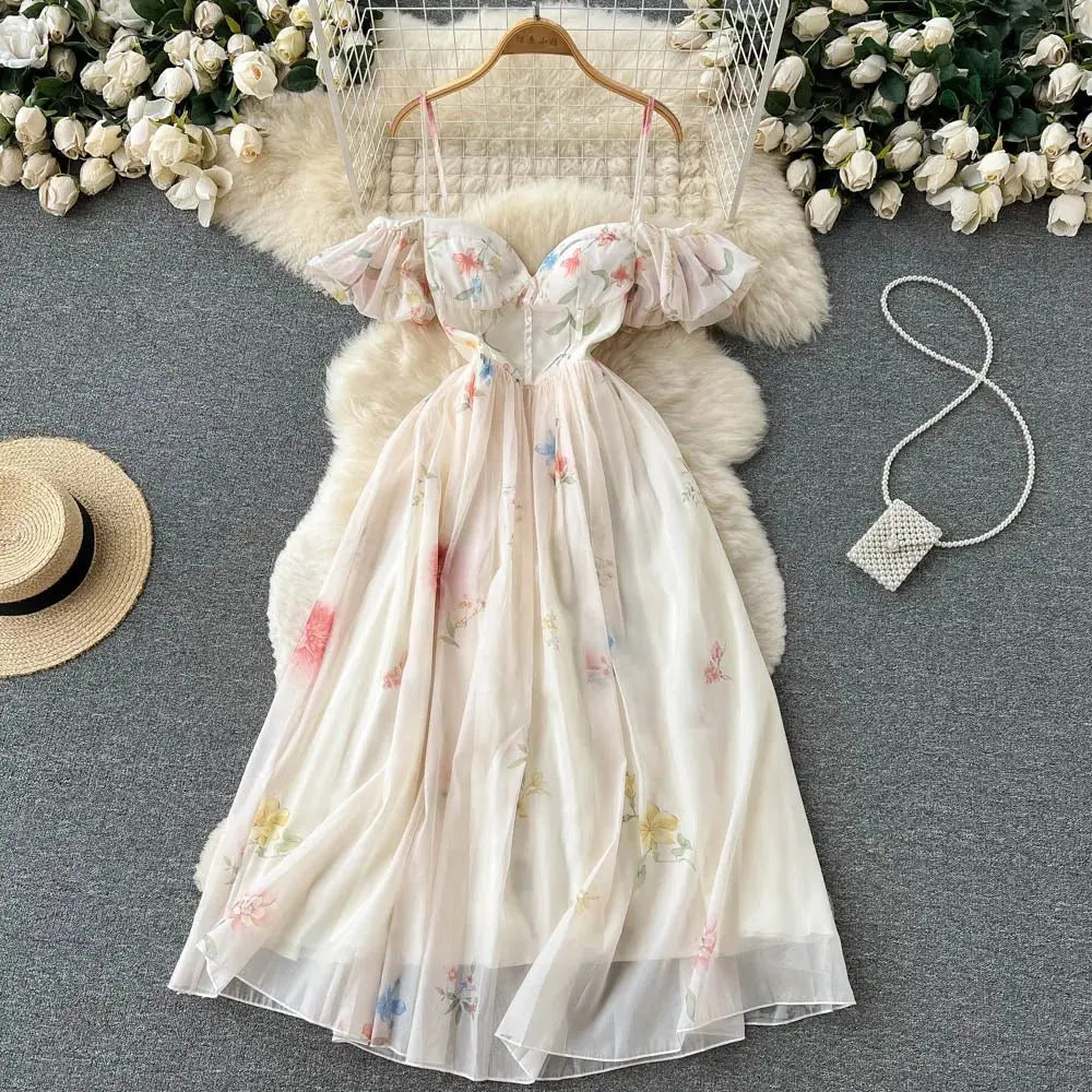 Backless Bow Sweet Print Off the Shoulder Sexy Strap Dress - Blade & Thread