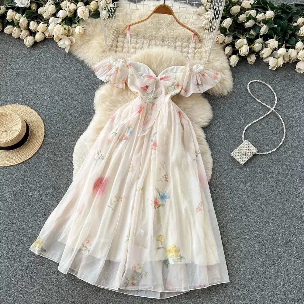 Backless Bow Sweet Print Off the Shoulder Sexy Strap Dress nowadaysfashion