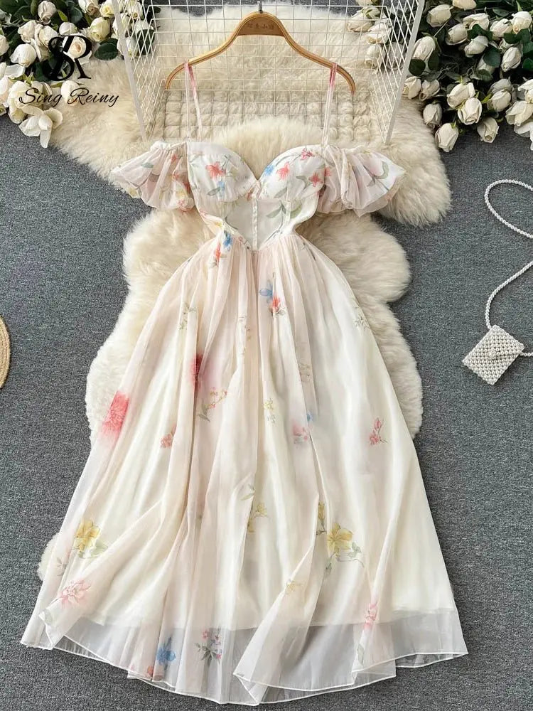 Backless Bow Sweet Print Off the Shoulder Sexy Strap Dress nowadaysfashion