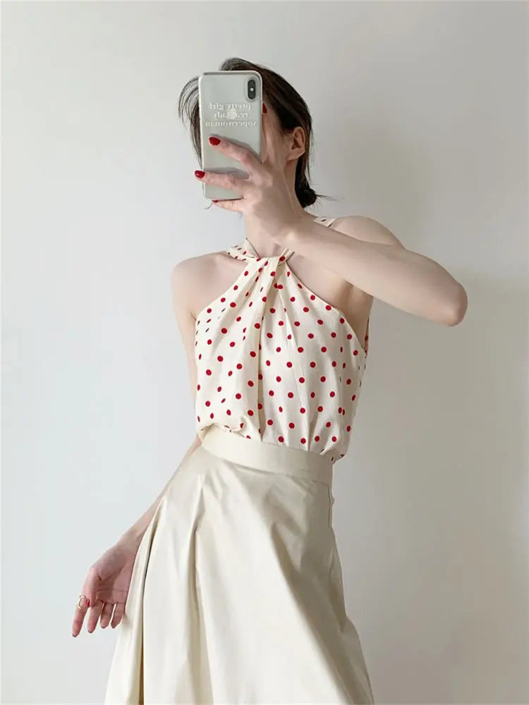 Backless Camis Women Summer Polka Dot Twist Halterneck Vest Female Casual Chiffon Tops - Blade & Thread