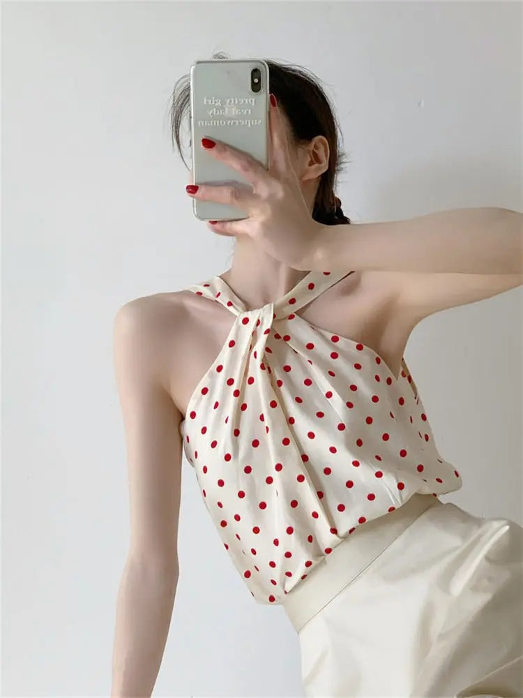 Backless Camis Women Summer Polka Dot Twist Halterneck Vest Female Casual Chiffon Tops nowadaysfashion