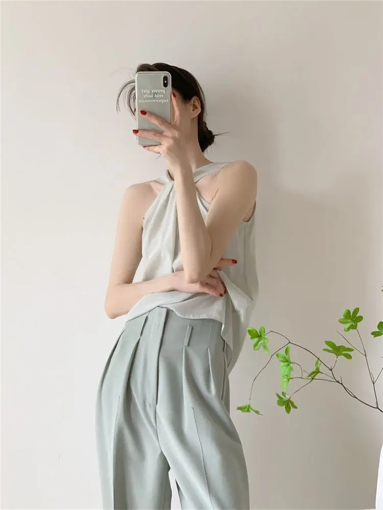 Backless Camis Women Summer Polka Dot Twist Halterneck Vest Female Casual Chiffon Tops - Blade & Thread