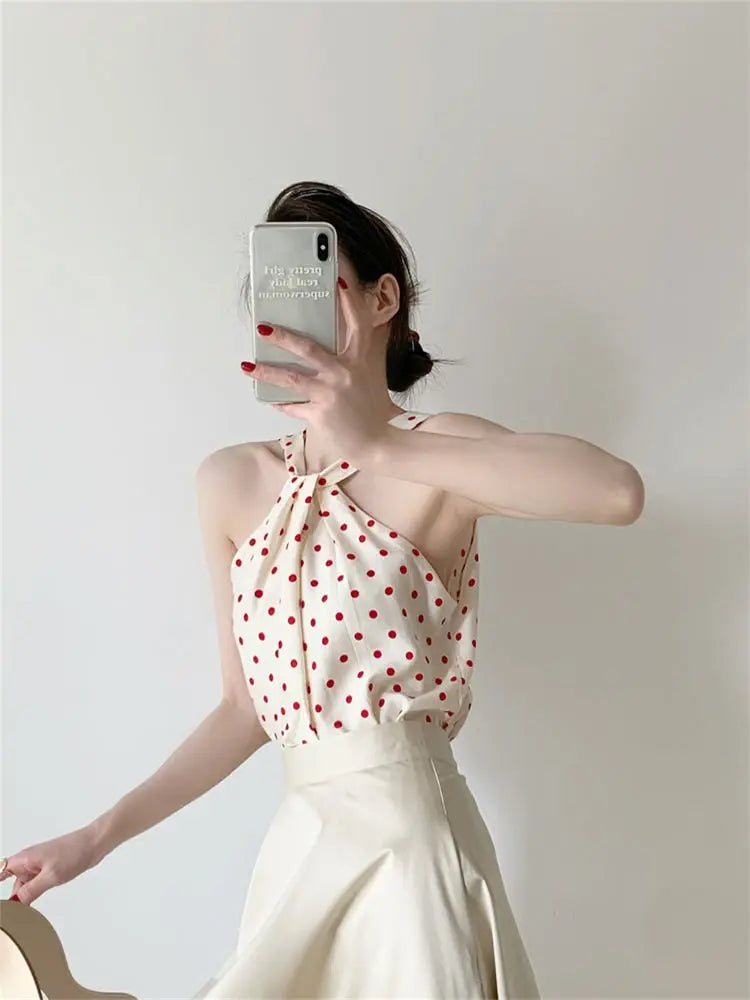Backless Camis Women Summer Polka Dot Twist Halterneck Vest Female Casual Chiffon Tops - Blade & Thread
