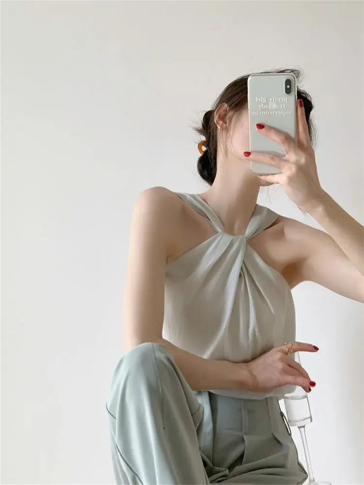 Backless Camis Women Summer Polka Dot Twist Halterneck Vest Female Casual Chiffon Tops - Blade & Thread