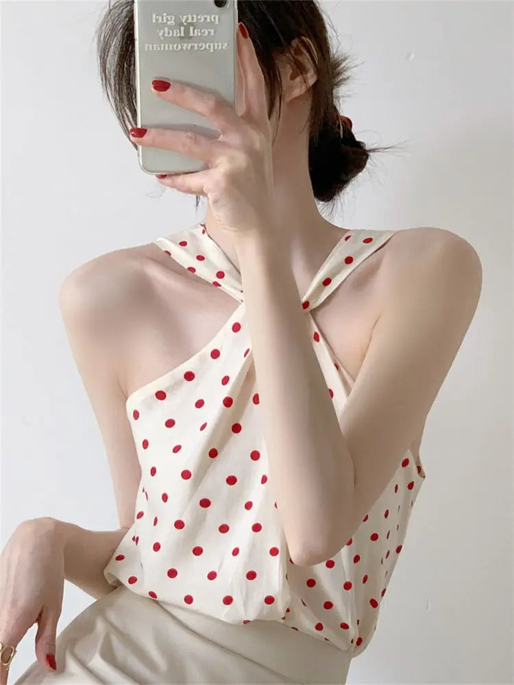 Backless Camis Women Summer Polka Dot Twist Halterneck Vest Female Casual Chiffon Tops - Blade & Thread
