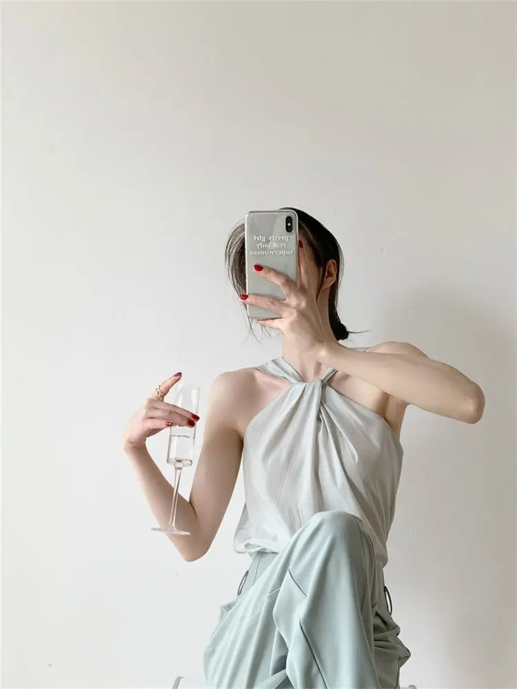 Backless Camis Women Summer Polka Dot Twist Halterneck Vest Female Casual Chiffon Tops - Blade & Thread