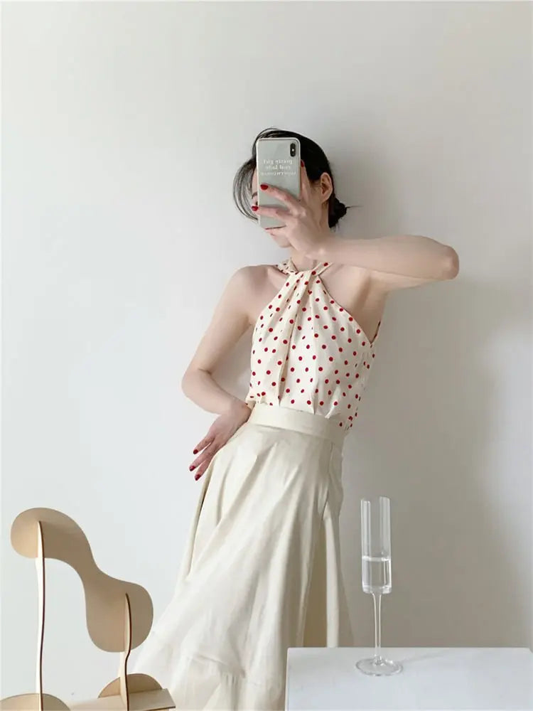 Backless Camis Women Summer Polka Dot Twist Halterneck Vest Female Casual Chiffon Tops - Blade & Thread