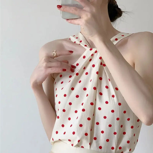 Backless Camis Women Summer Polka Dot Twist Halterneck Vest Female Casual Chiffon Tops nowadaysfashion