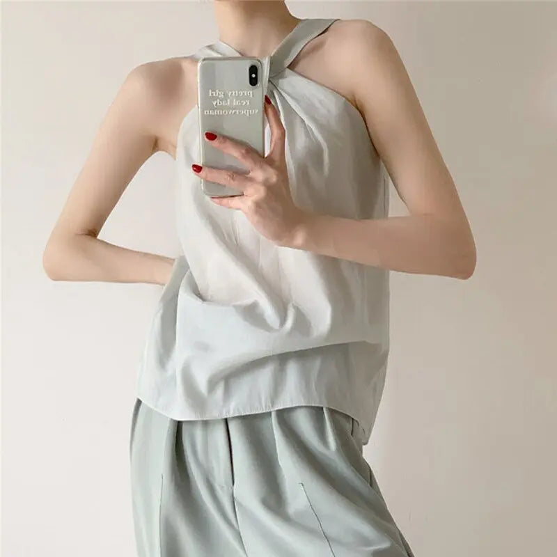 Backless Camis Women Summer Polka Dot Twist Halterneck Vest Female Casual Chiffon Tops nowadaysfashion