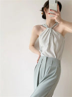 Backless Camis Women Summer Polka Dot Twist Halterneck Vest Female Casual Chiffon Tops nowadaysfashion