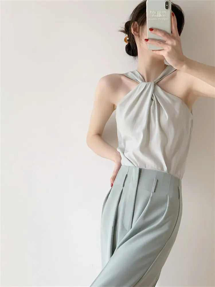 Backless Camis Women Summer Polka Dot Twist Halterneck Vest Female Casual Chiffon Tops - Blade & Thread