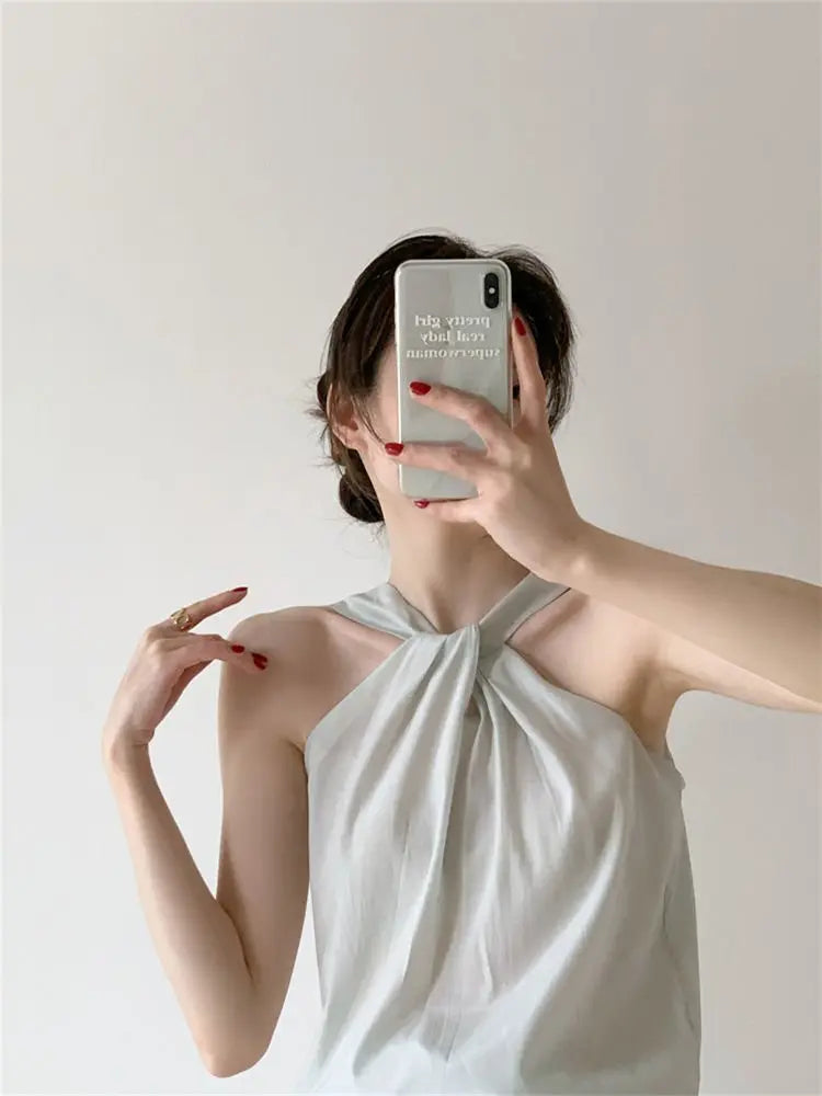 Backless Camis Women Summer Polka Dot Twist Halterneck Vest Female Casual Chiffon Tops - Blade & Thread