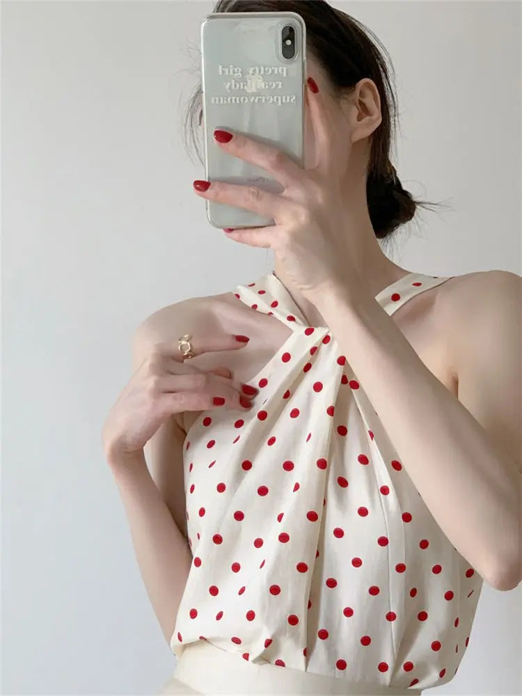 Backless Camis Women Summer Polka Dot Twist Halterneck Vest Female Casual Chiffon Tops nowadaysfashion
