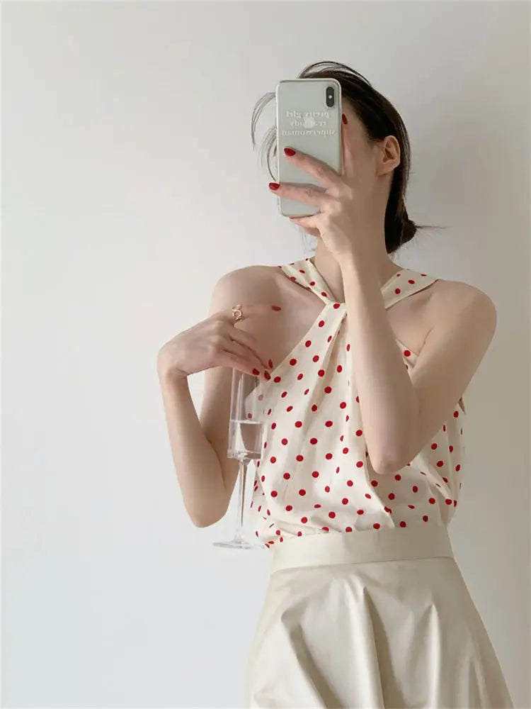 Backless Camis Women Summer Polka Dot Twist Halterneck Vest Female Casual Chiffon Tops - Blade & Thread