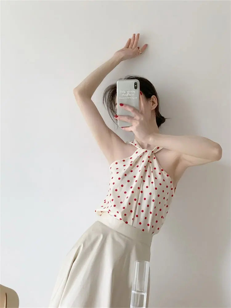 Backless Camis Women Summer Polka Dot Twist Halterneck Vest Female Casual Chiffon Tops - Blade & Thread
