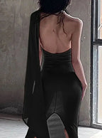 Backless Halter Evening Dress With Scarf Hollow Back Split Skinny nowadaysfashion