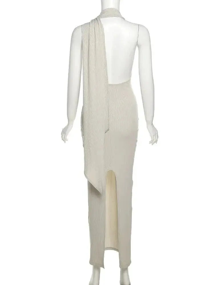 Backless Halter Evening Dress With Scarf Hollow Back Split Skinny nowadaysfashion