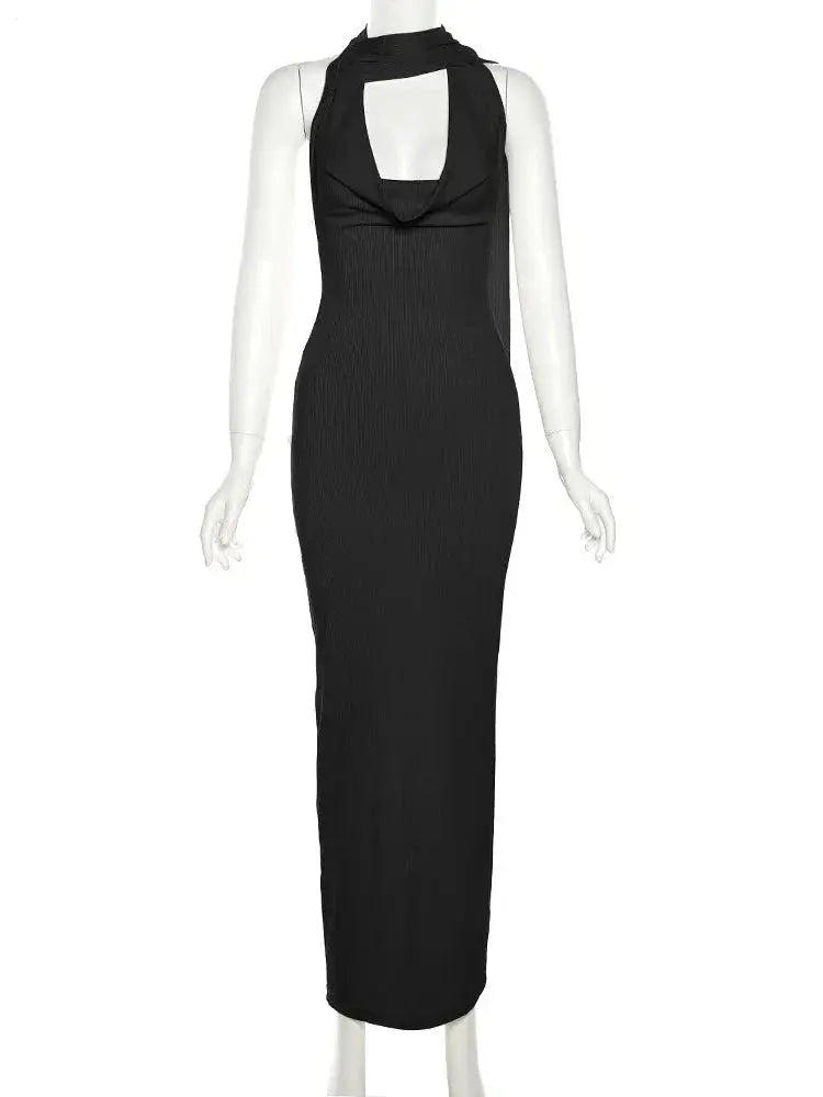 Backless Halter Evening Dress With Scarf Hollow Back Split Skinny - Blade & Thread