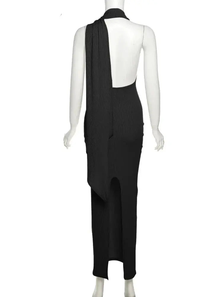 Backless Halter Evening Dress With Scarf Hollow Back Split Skinny - Blade & Thread