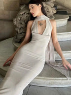 Backless Halter Evening Dress With Scarf Hollow Back Split Skinny nowadaysfashion