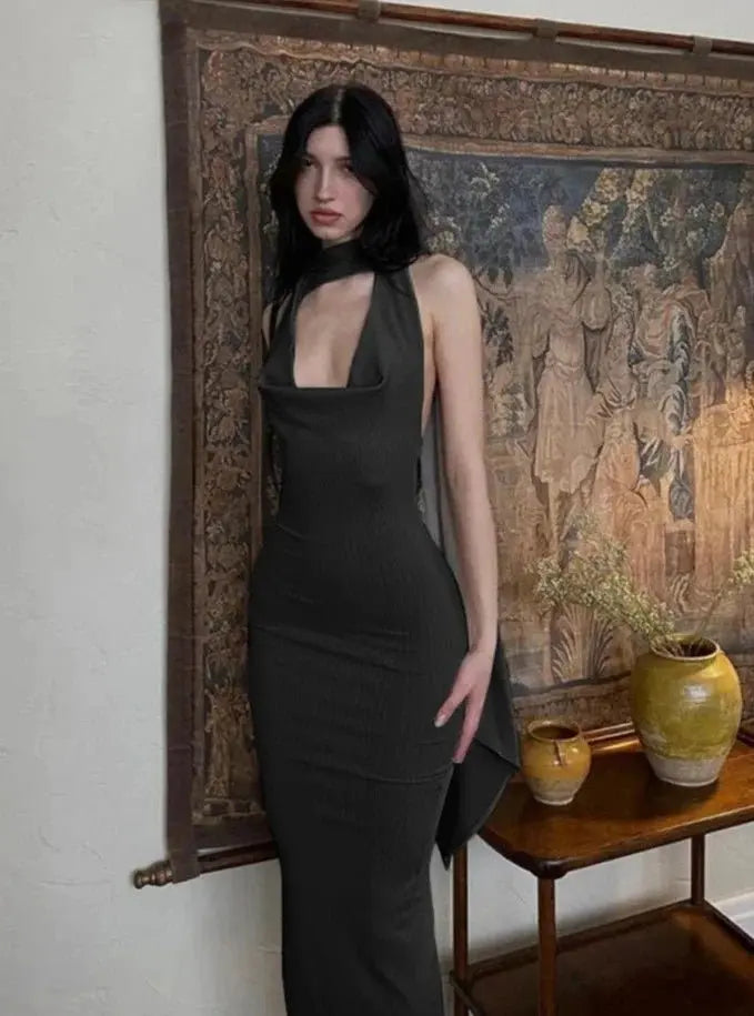 Backless Halter Evening Dress With Scarf Hollow Back Split Skinny - Blade & Thread