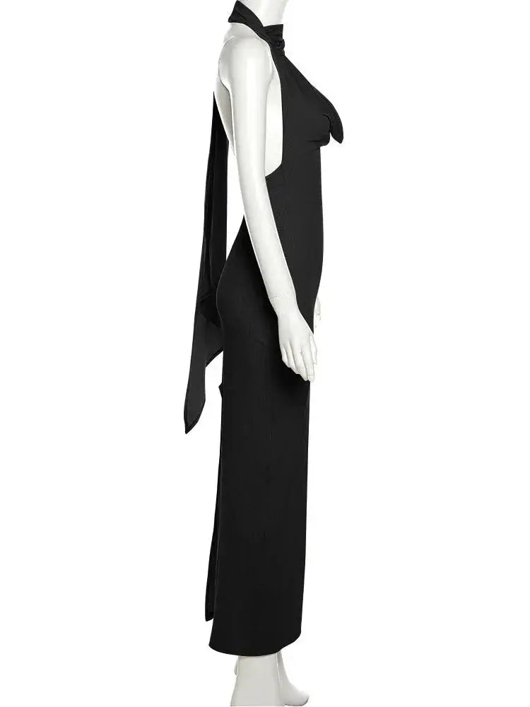 Backless Halter Evening Dress With Scarf Hollow Back Split Skinny - Blade & Thread