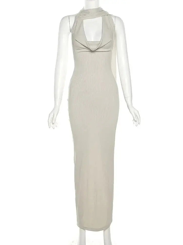 Backless Halter Evening Dress With Scarf Hollow Back Split Skinny nowadaysfashion