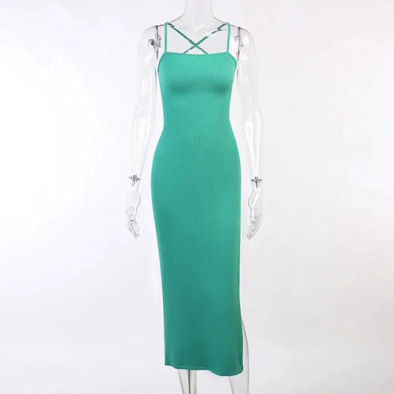 Backless Halter Neck Split Bandage Bodycon Dress - Blade & Thread