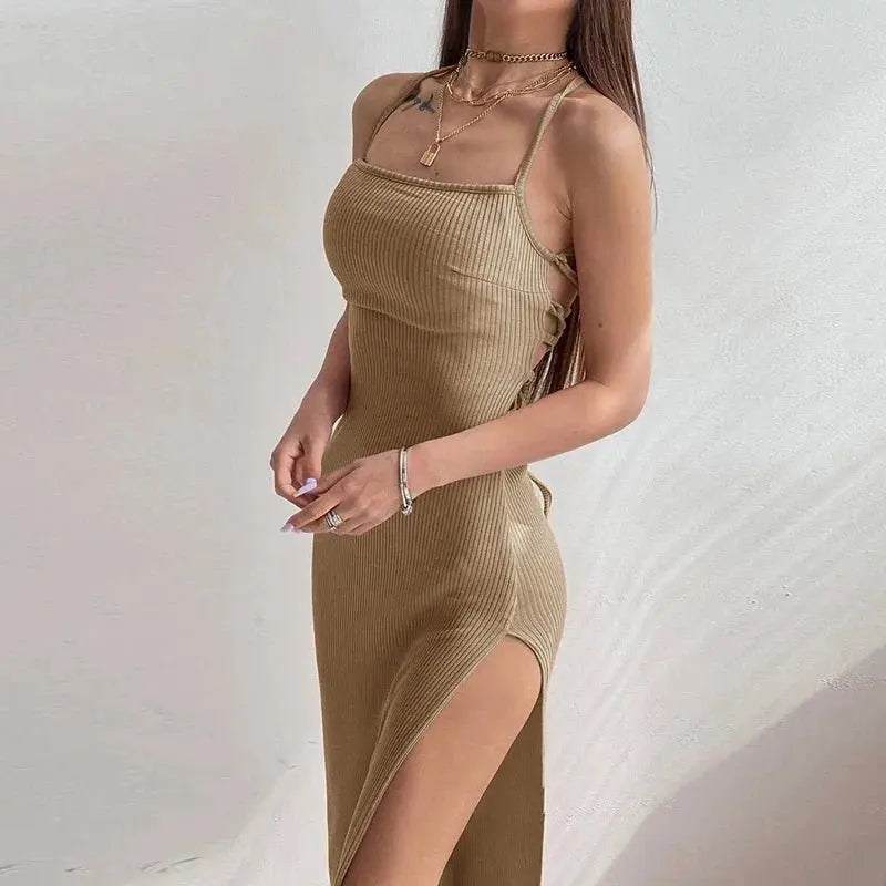 Backless Halter Neck Split Bandage Bodycon Dress - Blade & Thread