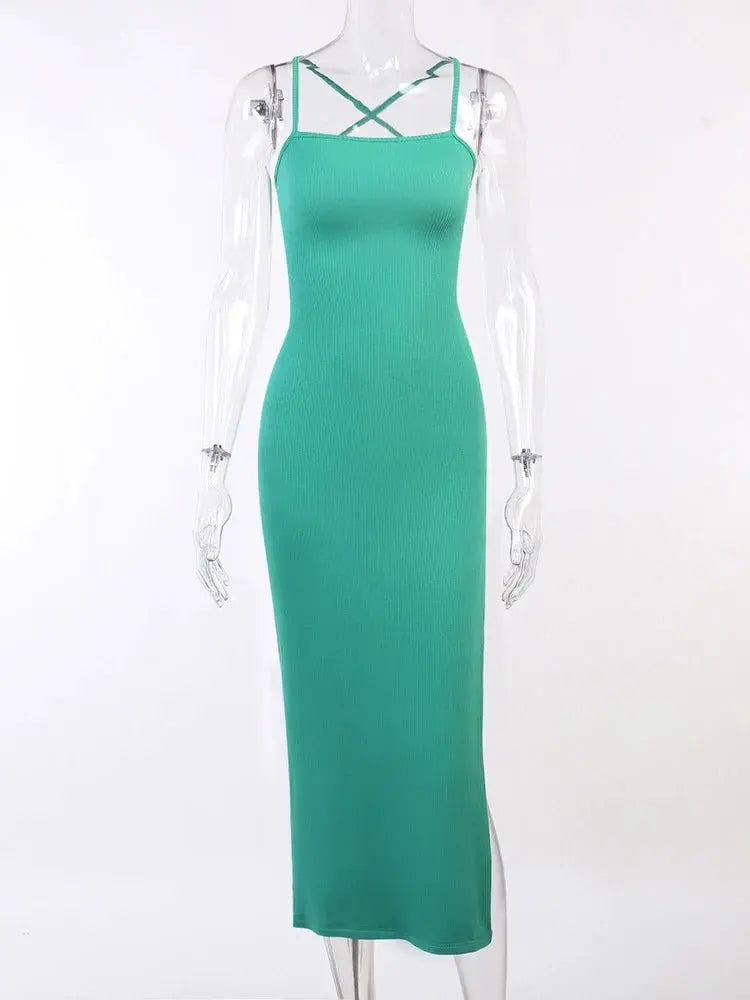 Backless Halter Neck Split Bandage Bodycon Dress - Blade & Thread