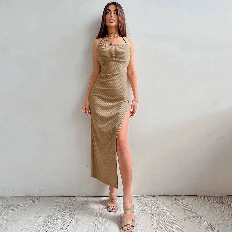 Backless Halter Neck Split Bandage Bodycon Dress - Blade & Thread