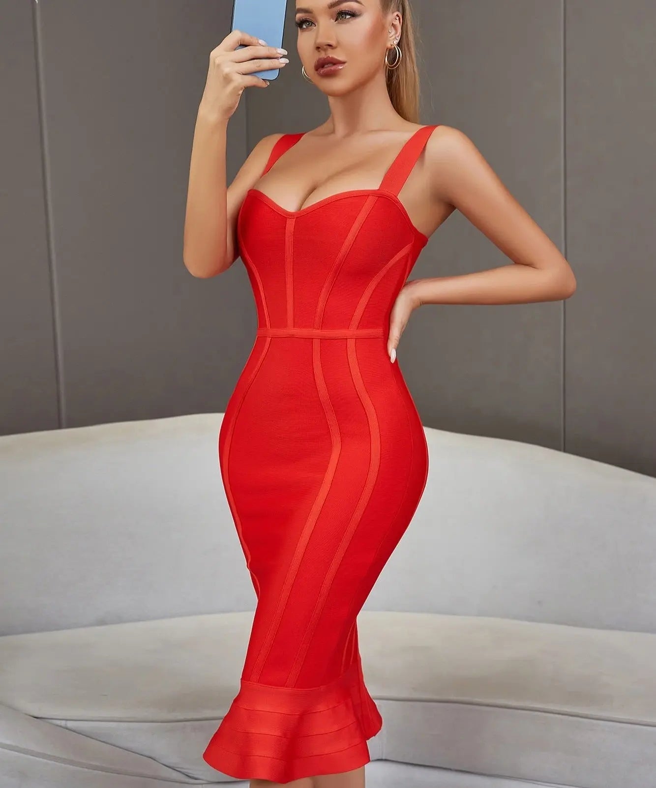 Bandage Dress Spaghetti Strap Red  Dress Bodycon Mermaid Sleeveless Dresses nowadaysfashion