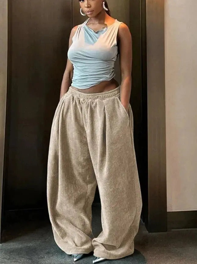 Basic Pocket High Waist Trousers Corduroy Streetwear Long Bottoms - Blade & Thread