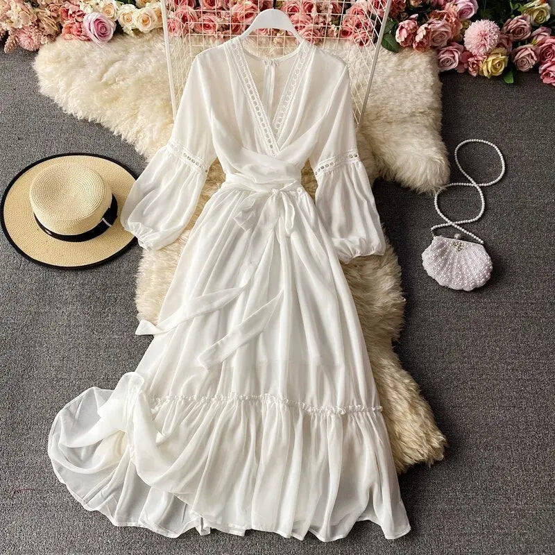 Beach Holiday Style Dress Women Elegant V-neck Lace-up High Waist Dress nowadaysfashion