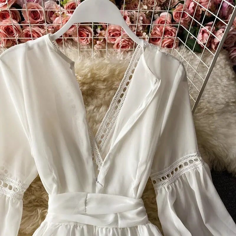 Beach Holiday Style Dress Women Elegant V-neck Lace-up High Waist Dress - Blade & Thread