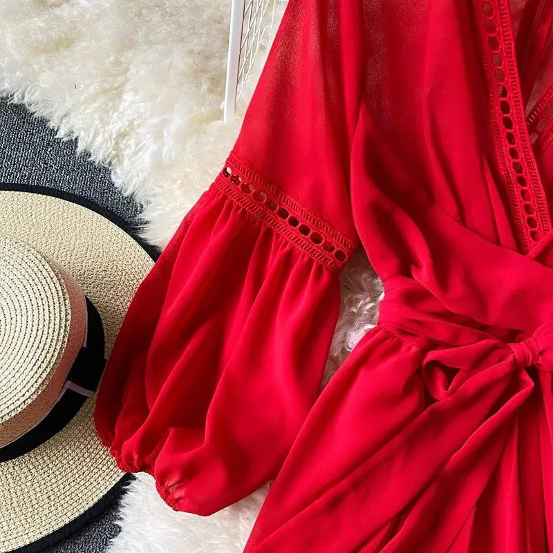Beach Holiday Style Dress Women Elegant V-neck Lace-up High Waist Dress - Blade & Thread