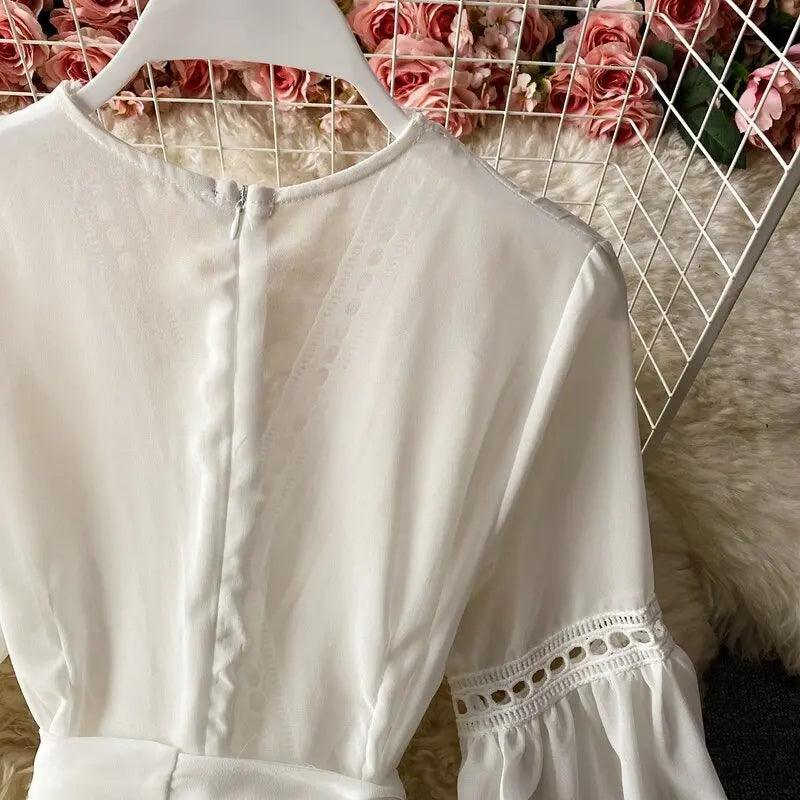 Beach Holiday Style Dress Women Elegant V-neck Lace-up High Waist Dress - Blade & Thread
