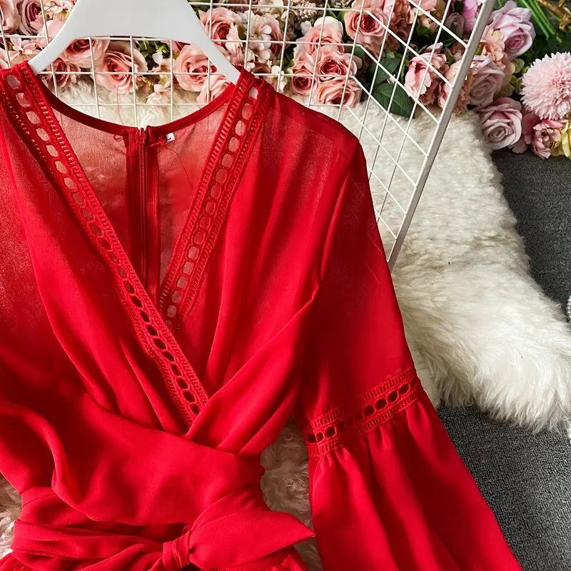 Beach Holiday Style Dress Women Elegant V-neck Lace-up High Waist Dress - Blade & Thread