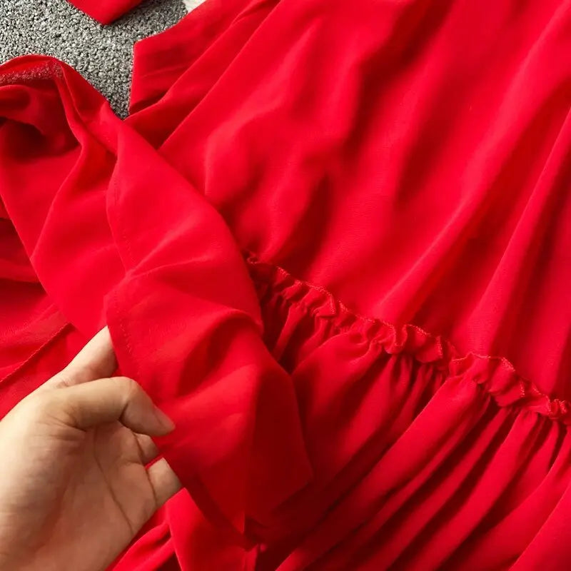 Beach Holiday Style Dress Women Elegant V-neck Lace-up High Waist Dress - Blade & Thread