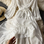 Beach Holiday Style Dress Women Elegant V-neck Lace-up High Waist Dress nowadaysfashion