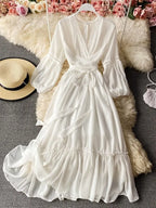 Beach Holiday Style Dress Women Elegant V-neck Lace-up High Waist Dress nowadaysfashion