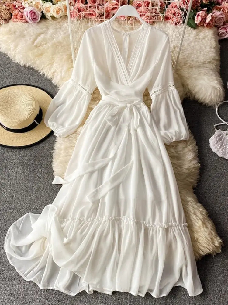 Beach Holiday Style Dress Women Elegant V-neck Lace-up High Waist Dress - Blade & Thread