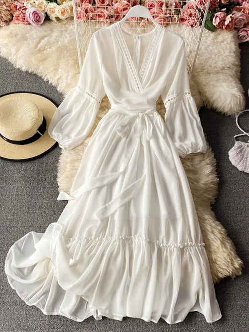 Beach Holiday Style Dress Women Elegant V-neck Lace-up High Waist Dress nowadaysfashion