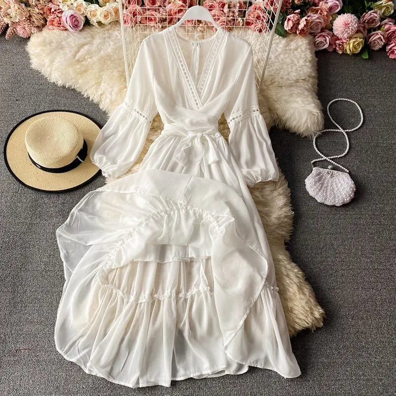 Beach Holiday Style Dress Women Elegant V-neck Lace-up High Waist Dress - Blade & Thread