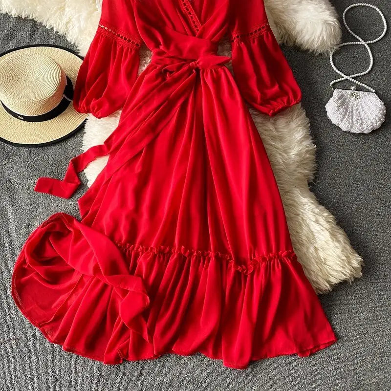 Beach Holiday Style Dress Women Elegant V-neck Lace-up High Waist Dress nowadaysfashion