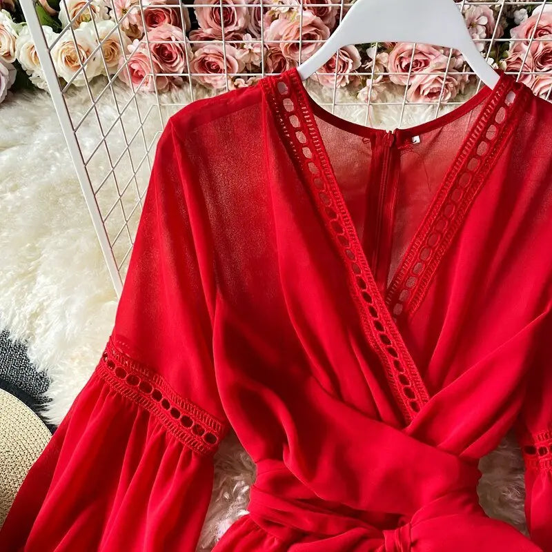 Beach Holiday Style Dress Women Elegant V-neck Lace-up High Waist Dress nowadaysfashion